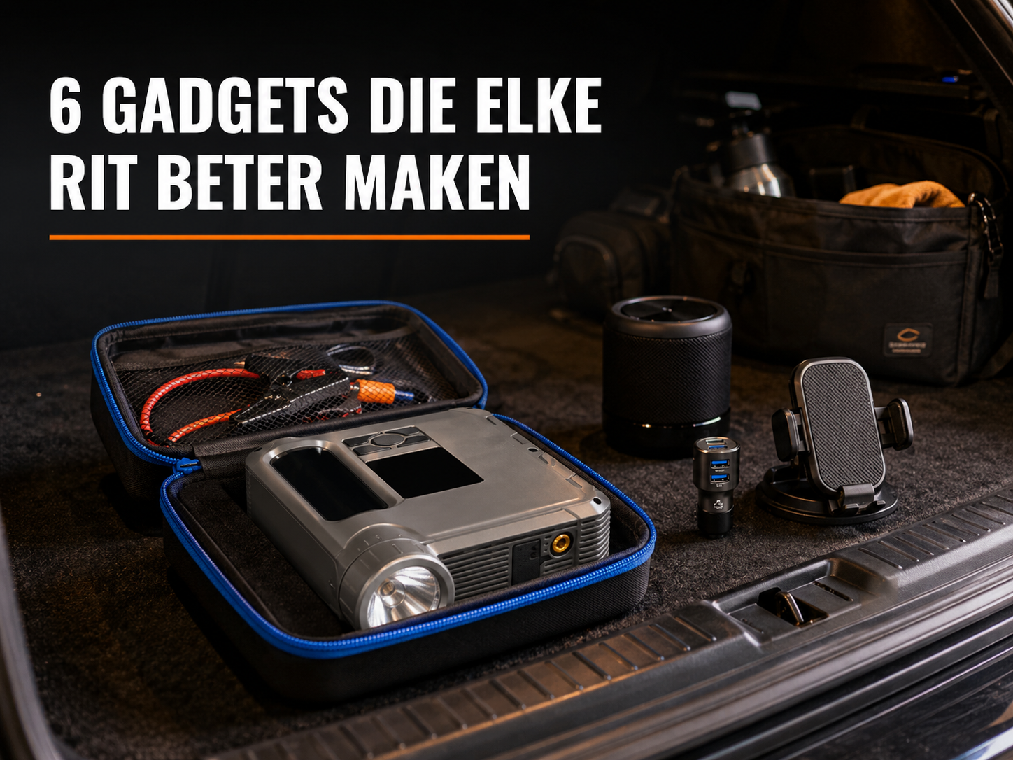 Jumpstarter en gadgets liggen klaar in kofferbak