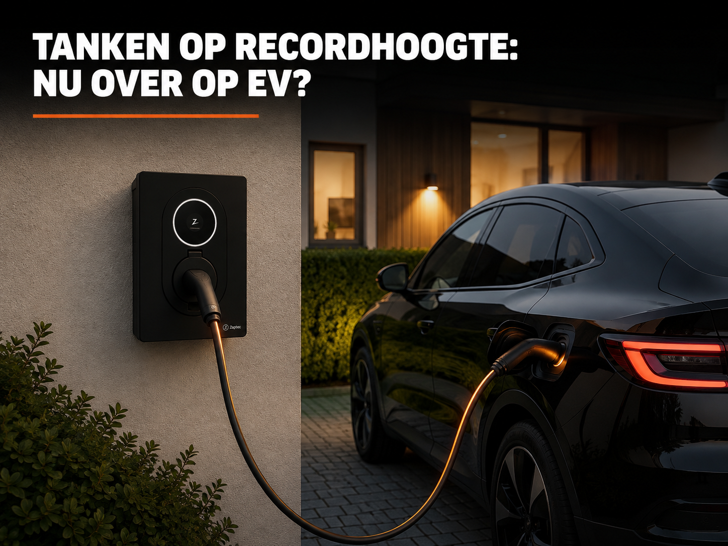 Laadpaal laadt elektrische auto op tijdens avondschemering
