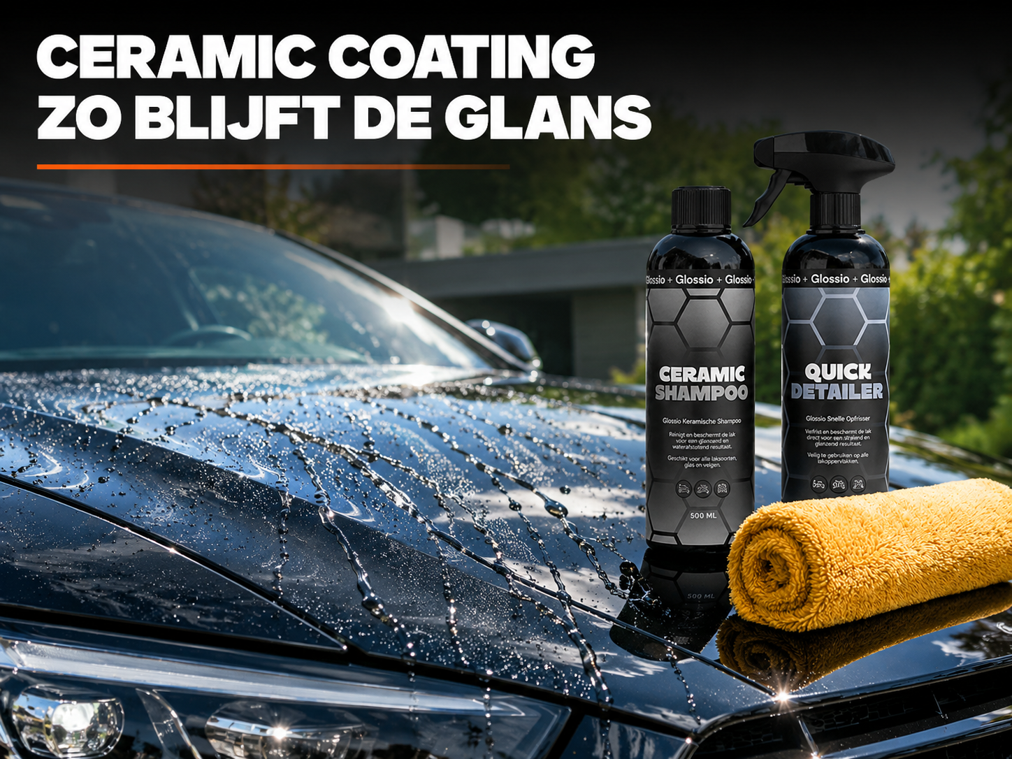 Water parelt van een glanzende autolak na het aanbrengen van ceramic coating