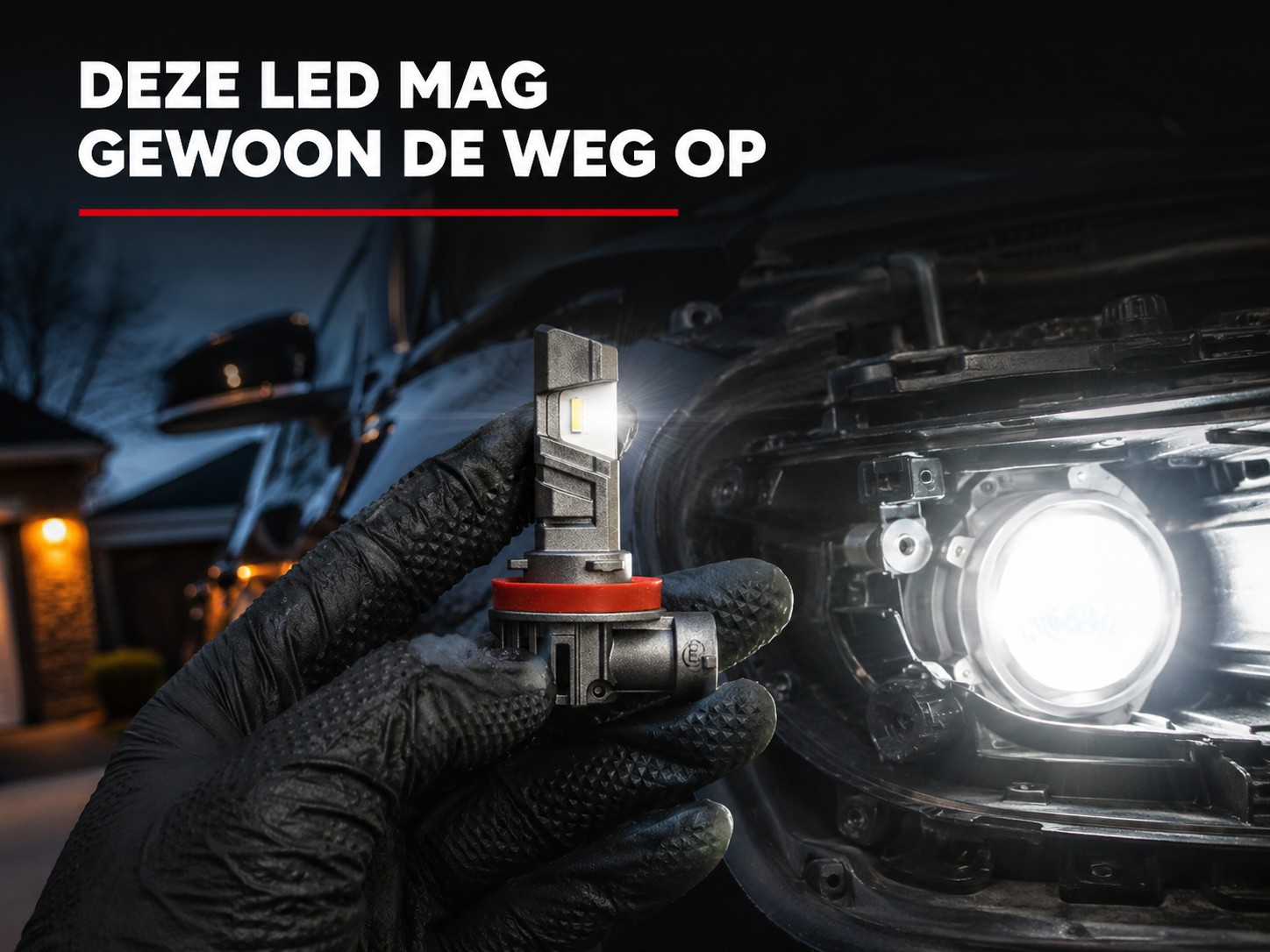 AMiO LED H11 lamp bij een koplamphuis van een auto in de avondschemer