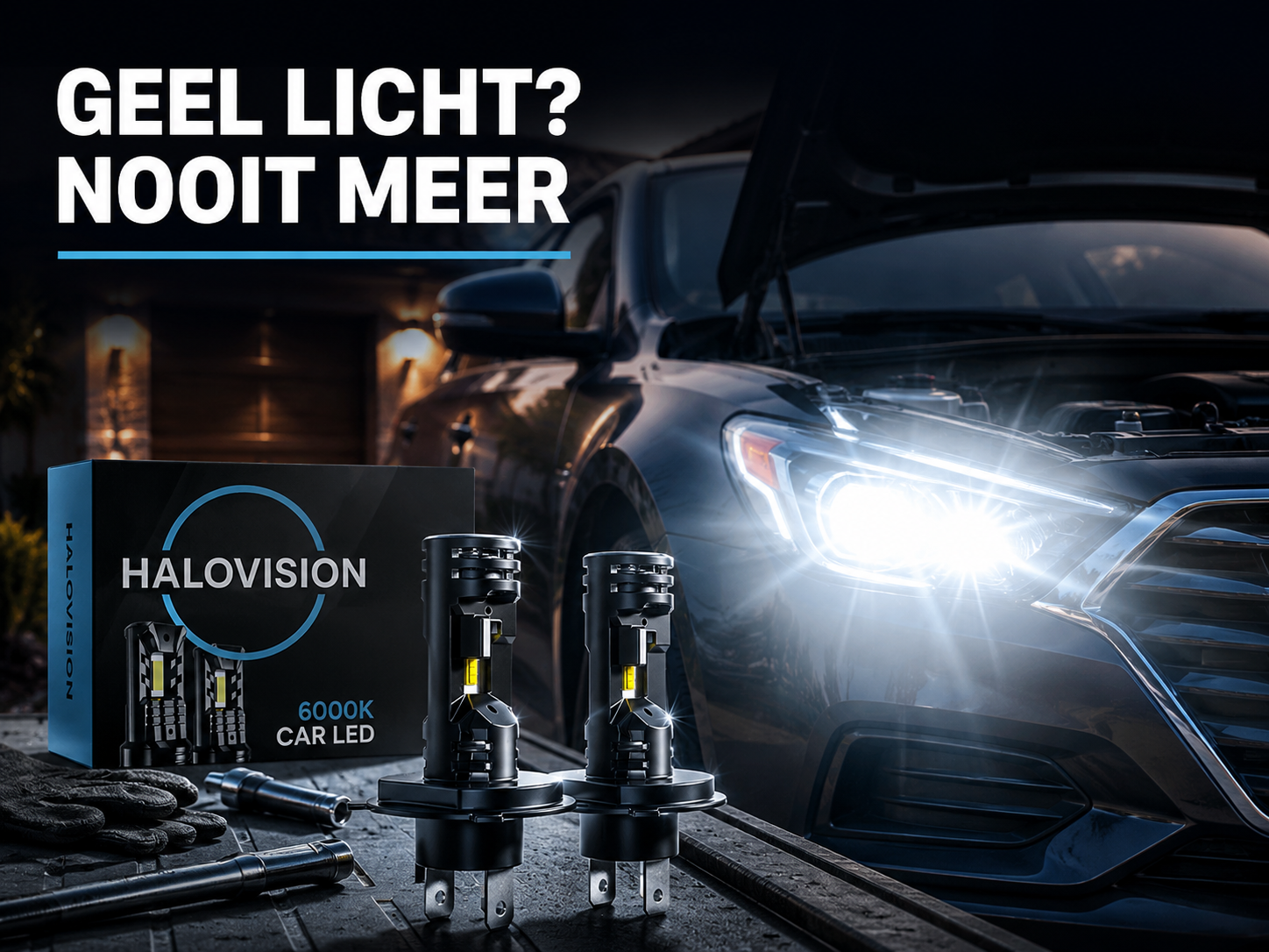 H4 LED koplamp met fel wit licht in donkere garage bij avond