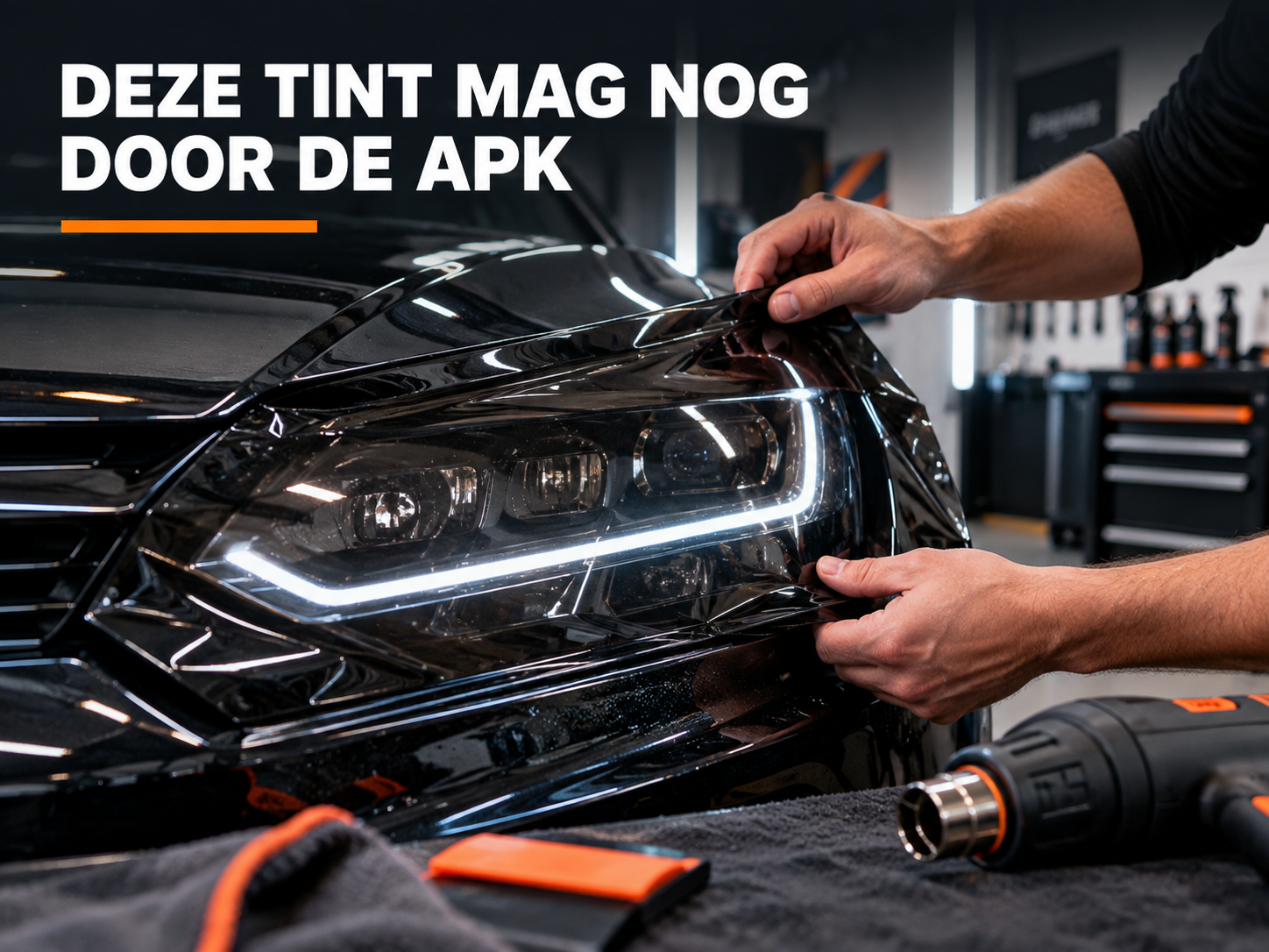 Koplampfolie aangebracht op autokoplamp met subtiele getinte afwerking bij avondlicht