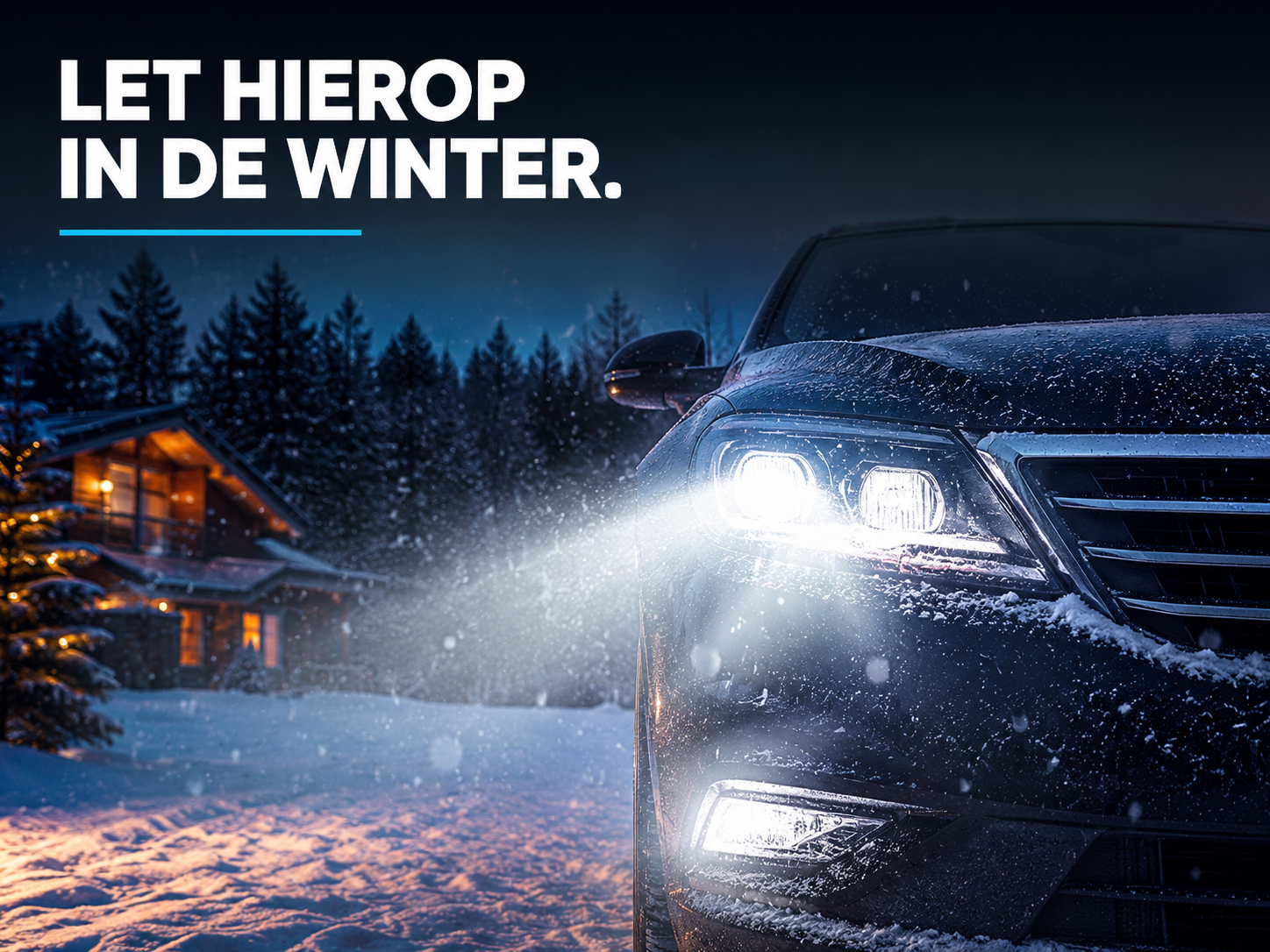 H7 LED koplamp met fel wit licht op een besneeuwde weg in de avondschemering