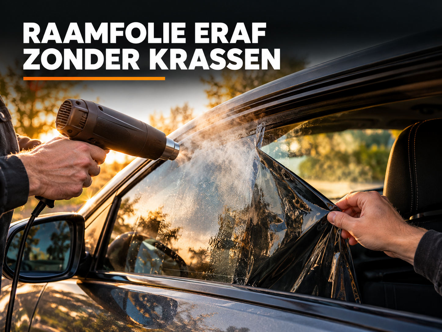 Raamfolie zonder krassen verwijderen met een haardroger en schraper op de autoruit