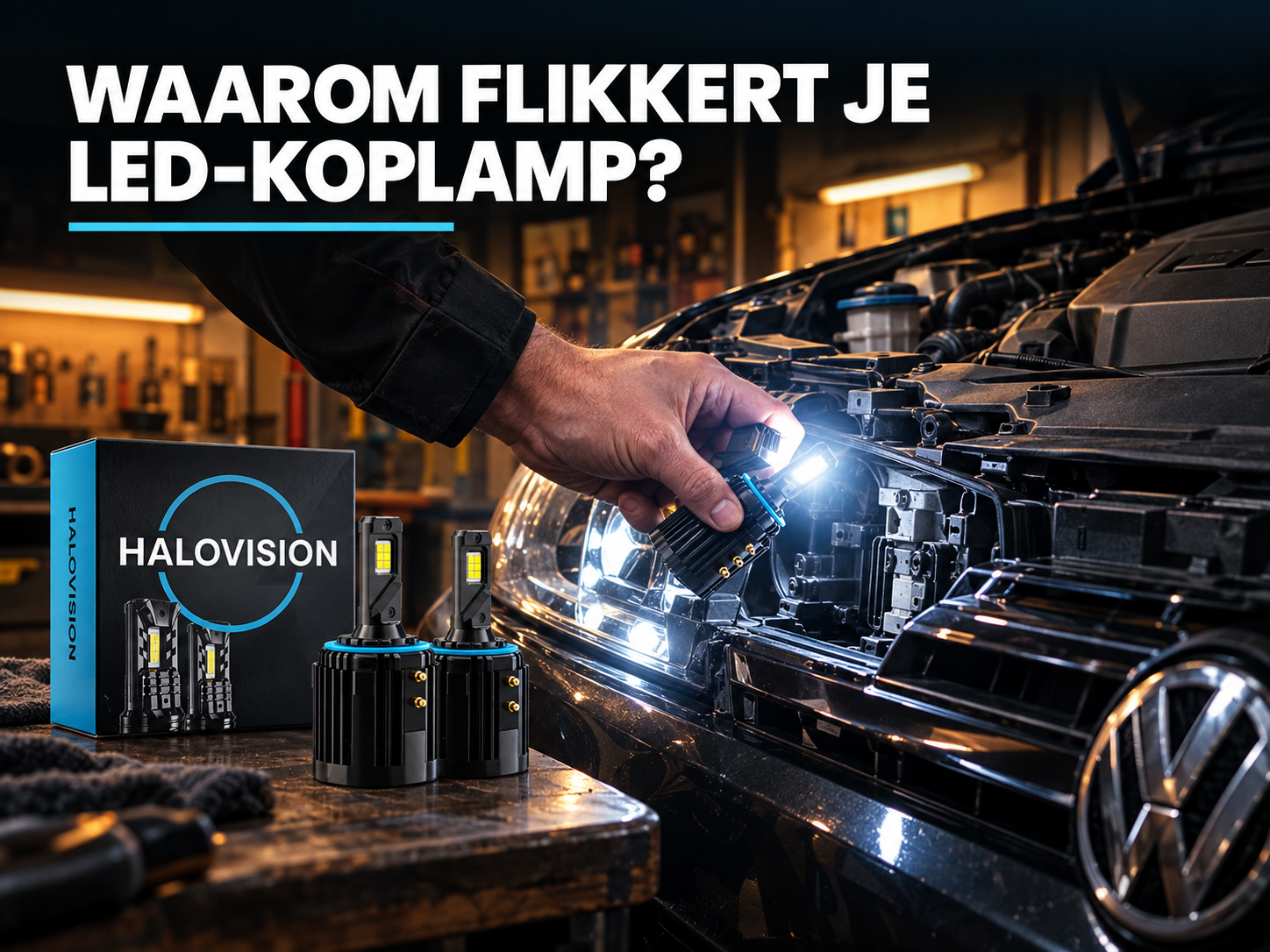 HaloVision H7 LED koplamp geinstalleerd in Volkswagen motorruimte bij schemering