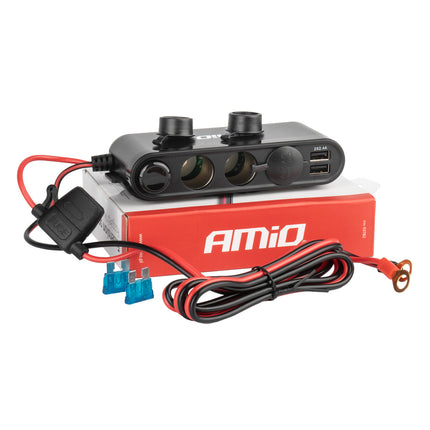 AMiO 3 Dubbele Accu Aansluiting Splitter met (3x USB-A & 1x USB-C) 12V/24V en Voltmeter + Zekeringhouder Zwart - VCTparts.nl