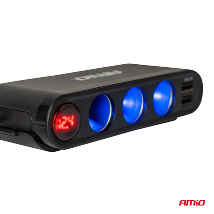 AMiO 3 Dubbele Accu Aansluiting Splitter met (3x USB-A & 1x USB-C) 12V/24V en Voltmeter + Zekeringhouder Zwart - VCTparts.nl