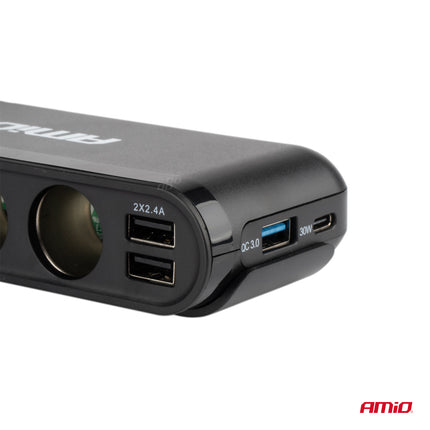 AMiO 3 Dubbele Accu Aansluiting Splitter met (3x USB-A & 1x USB-C) 12V/24V en Voltmeter + Zekeringhouder Zwart - VCTparts.nl