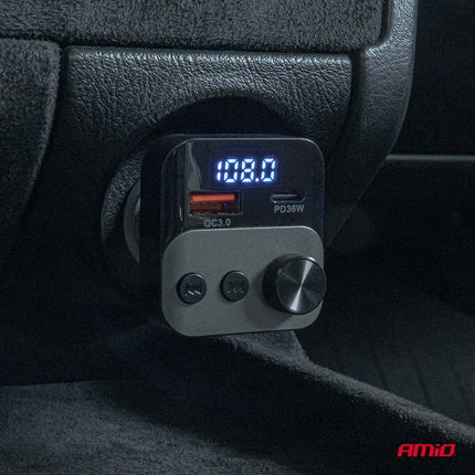 AMiO Bluetooth FM Transmitter Auto – USB‑C + USB‑A Snellader Handsfree Bellen Muziek
