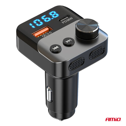 AMiO Bluetooth FM Transmitter Auto – USB‑C + USB‑A Snellader Handsfree Bellen Muziek