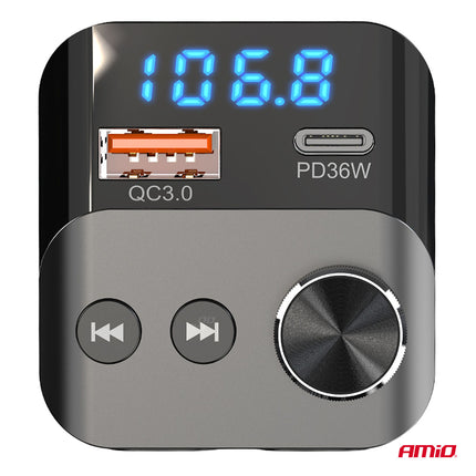 AMiO Bluetooth FM Transmitter Auto – USB‑C + USB‑A Snellader Handsfree Bellen Muziek