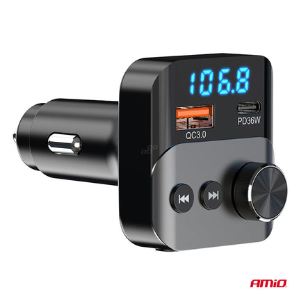 AMiO Bluetooth FM Transmitter Auto – USB‑C + USB‑A Snellader Handsfree Bellen Muziek