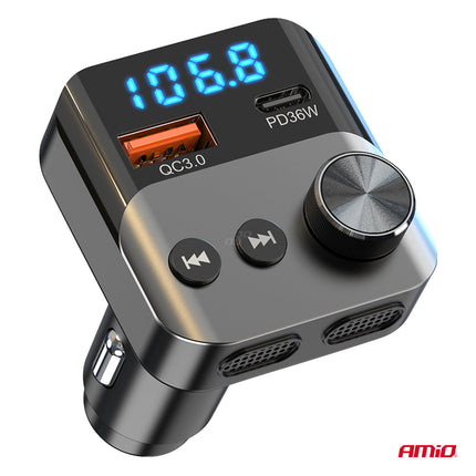 AMiO Bluetooth FM Transmitter Auto – USB‑C + USB‑A Snellader Handsfree Bellen Muziek