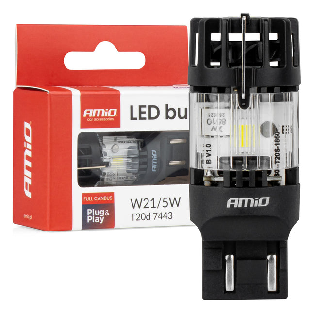 AMiO LED Lamp LumiTec T20D 7443 W21/5W 12V FULL CANBUS – Witte Dual-Filament LED Vervanger (1 stuk)