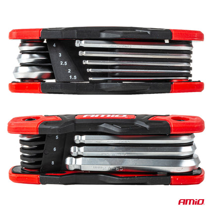 AMiO Opbouwbare Imbus Sleutelset 8 stuks CRV – Compacte 8-delige set voor montage en werkplaats met Bolpunt Hex Keys inbus