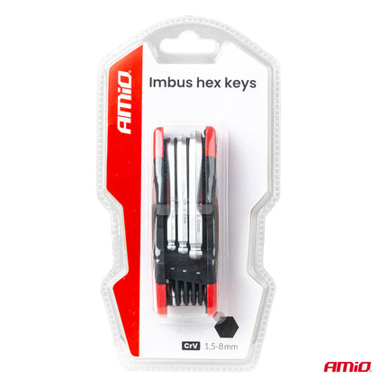 AMiO Opbouwbare Imbus Sleutelset 8 stuks CRV – Compacte 8-delige set voor montage en werkplaats met Bolpunt Hex Keys inbus