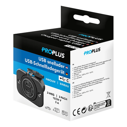 ProPlus USB Snellader Inbouw Type C 2 Weg 12V 24V met Montageplaat