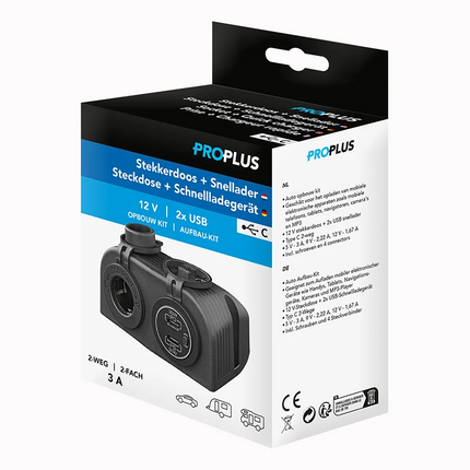 ProPlus Opbouw Kit 12V Stekkerdoos met 2x USB C Snellader 2 Weg 3A voor Auto