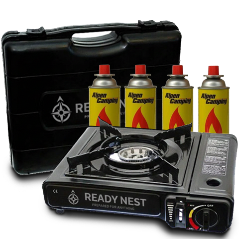 Draagbaar ReadyNest Nood Gasstel Campingkooktoestel met 4x Butaangas – Ideaal voor Noodpakket, Prepping en Buitenavonturen