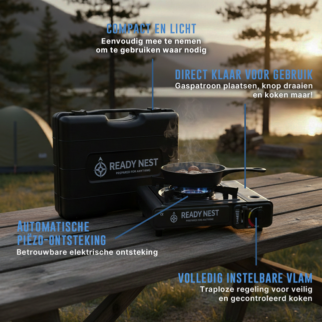 ReadyNest Draagbaar Nood Gasstel Campingkooktoestel Fornuis – Ideaal voor Noodpakket, Prepping en Buitenavonturen