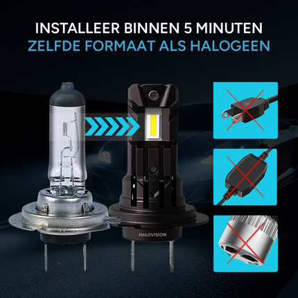 HaloVision Turbo LED H7 Koplamp Set 150W 30000LM Super Wit 6000K – Ultraheldere Autoverlichting met Canbus – Voor Dimlicht & Grootlicht – 12V – Geen Foutmeldingen – Plug & Play – Set van 2 Stuks – Universele H7 Fitting - VCTparts.nl