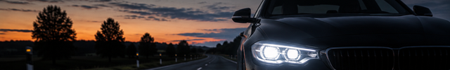 Verlichting banner - autokoplampen die 's nachts fel oplichten op een donkere weg | VCTparts