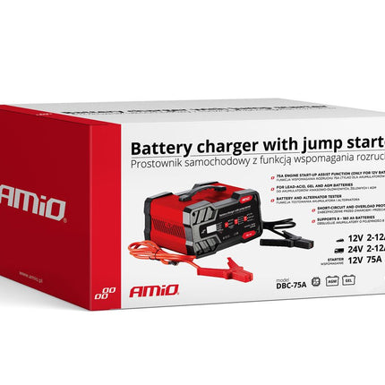 AMiO Acculader 12V - 24V met Jump Starter 75A – Automatische Battery Charger – Startbooster Auto & Vrachtwagen – Smart Charger 12A Heavy Duty AMiO 4