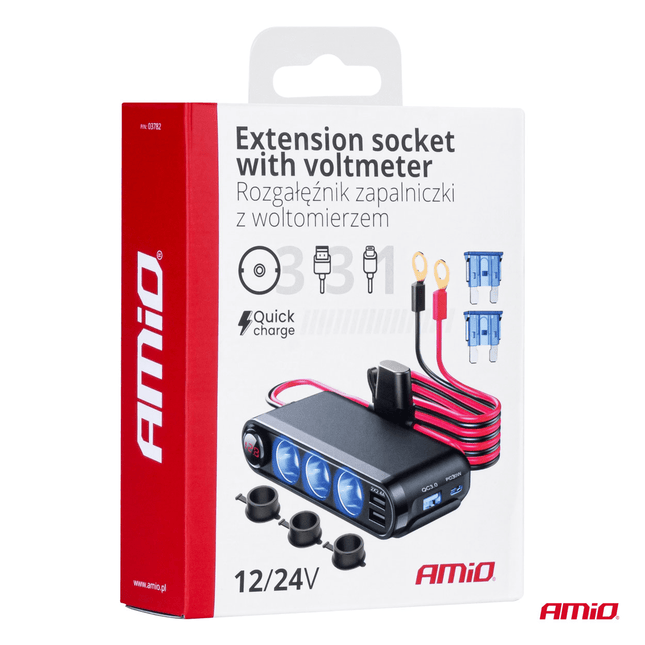 AMiO 3 Dubbele Accu Aansluiting Splitter met (3x USB - A & 1x USB - C) 12V/24V en Voltmeter + Zekeringhouder Zwart - VCTparts.nl