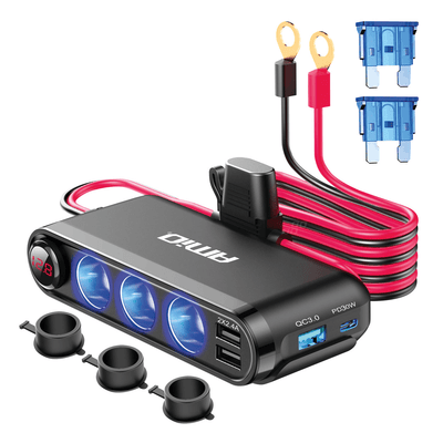 AMiO 3 Dubbele Accu Aansluiting Splitter met (3x USB-A & 1x USB-C) 12V/24V en Voltmeter + Zekeringhouder Zwart