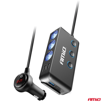 AMiO AMiO 3 Dubbele Sigarettenaansteker Plug Splitter met (3x USB - A & 1x USB - C) 12V/24V en Voltmeter Zwart AMiO 7
