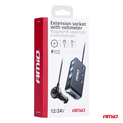 AMiO AMiO 3 Dubbele Sigarettenaansteker Plug Splitter met (3x USB - A & 1x USB - C) 12V/24V en Voltmeter Zwart AMiO 8