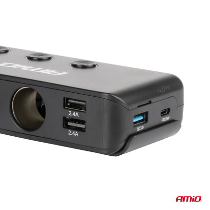 AMiO AMiO 3 Dubbele Sigarettenaansteker Plug Splitter met (3x USB - A & 1x USB - C) 12V/24V en Voltmeter Zwart AMiO 6
