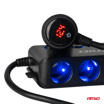 AMiO AMiO 3 Dubbele Sigarettenaansteker Plug Splitter met (3x USB - A & 1x USB - C) 12V/24V en Voltmeter Zwart AMiO 3