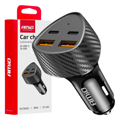 AMiO Auto Lader 50W 2x USB-A en 2x USB-C - Snellader voor Auto en Truck Multi Poort Oplader voor Smartphones en Tablets