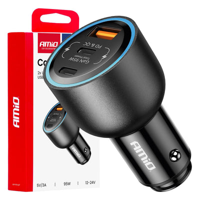 AMiO Auto Lader 95W USB-C en USB-A 12-24V - Snellader met Power Delivery en Quick Charge voor Auto en Truck