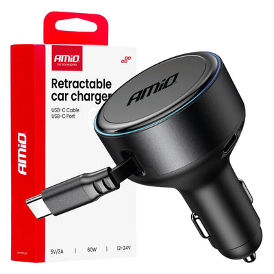 AMiO Auto Lader Met Oprolbare USB-C Kabel 60W 12-24V - Snellader Met USB-C Poort en Power Delivery voor Auto en Truck
