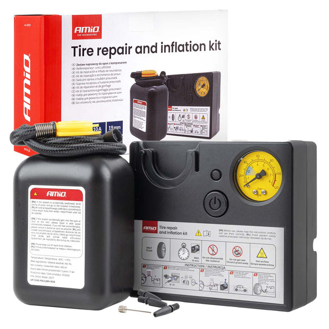 AMiO AMiO Bandenreparatie- en Oppompset 19mm Cilinder 12V - Compressor Lekke Band Repareren en Oppompen Auto AMiO 1