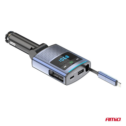 AMiO AMiO Car FM Transmitter – Bluetooth – USB - A en USB - C – Ingebouwde Uittrekbare USB - C Kabel – 12V/24V – Handsfree en Snelladen AMiO 11