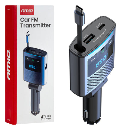 AMiO AMiO Car FM Transmitter – Bluetooth – USB - A en USB - C – Ingebouwde Uittrekbare USB - C Kabel – 12V/24V – Handsfree en Snelladen AMiO 1