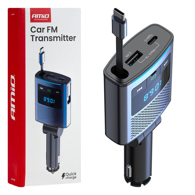 AMiO AMiO Car FM Transmitter – Bluetooth – USB - A en USB - C – Ingebouwde Uittrekbare USB - C Kabel – 12V/24V – Handsfree en Snelladen AMiO 1