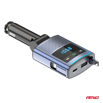 AMiO AMiO Car FM Transmitter – Bluetooth – USB - A en USB - C – Ingebouwde Uittrekbare USB - C Kabel – 12V/24V – Handsfree en Snelladen AMiO 12