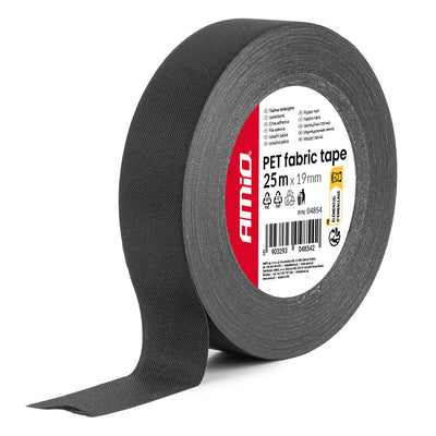 AMiO PET Stoffen Isolatietape Glad Zwart 19mm x 25m x 0.14mm - Professionele Kabelisolatie Tape voor Auto, Elektrische Installaties en Montagewerk