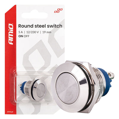 AMiO Ronde RVS Schakelaar 19mm ON/OFF 5A 12V 230V - Duurzame Auto en Elektronica Schakelaar voor Paneelinstallatie