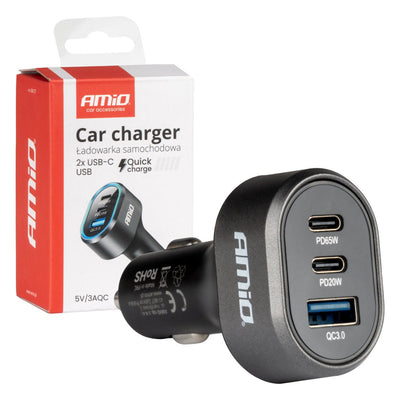 AMiO Snellader Auto Quick Charge 3.0 PD65W PD20W 85W USB-C en USB-A - Multipoort Auto Lader voor Laptop Smartphone en Tablet