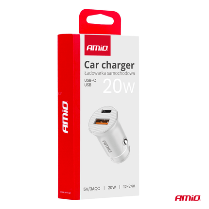 AMiO Auto Oplader USB - A + USB - C 20W 12/24V Wit - VCTparts.nl