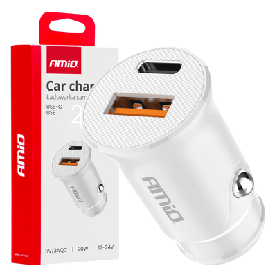 AMiO Auto Oplader USB-A + USB-C 20W 12/24V Wit