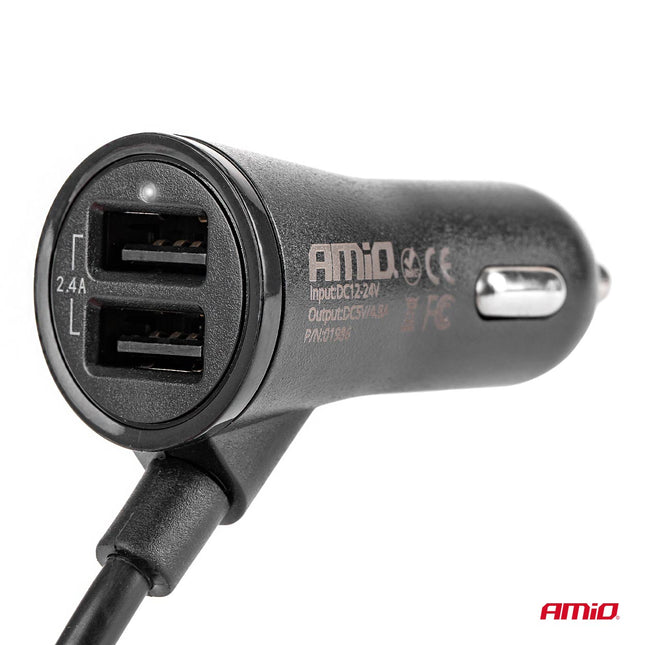 AMiO Auto USB Oplader met Verlengsnoer en 4 USB Poorten - Snelle Telefoonlader Handig Voorin en voor Kinderen Achterin op Vakantie - VCTparts.nl