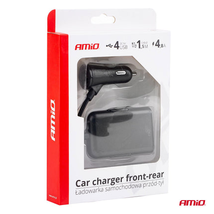 AMiO Auto USB Oplader met Verlengsnoer en 4 USB Poorten - Snelle Telefoonlader Handig Voorin en voor Kinderen Achterin op Vakantie - VCTparts.nl