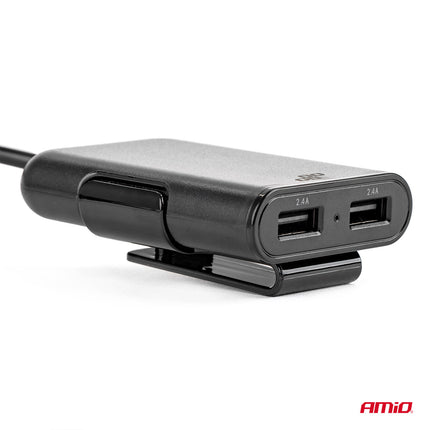 AMiO Auto USB Oplader met Verlengsnoer en 4 USB Poorten - Snelle Telefoonlader Handig Voorin en voor Kinderen Achterin op Vakantie - VCTparts.nl