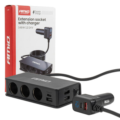 AMiO Autolader Splitter 3x USB-A + USB-C 148W – Snellader met QC 3.0 PD 3.0 en 75cm Kabel voor Auto en Bestelwagen